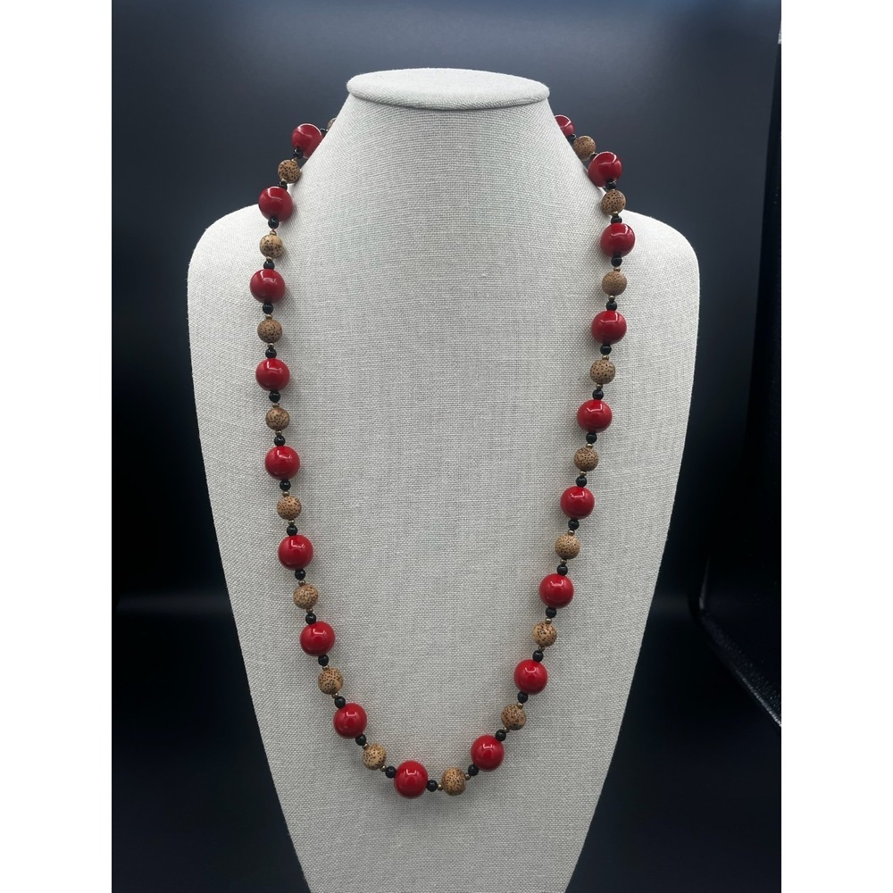 Vintage Long Red Tan Black Beaded Fashion Necklace Boho Statement Jewelry